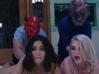 When boyfriends start wanking Aria Lee and Stevie Grey's pussies from behind, the gals can't even imagine that it's their stepdads. The men surprise 'em revealing faces and fuck these bitches.