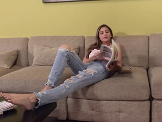 Guy catches busty stepsister masturbating and she acquiesces to help him by giving handjob. It ends with astonishing spunk flow and next day he confronts honey in living room hoping to watch her curves again.