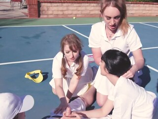 Tennis coach says if Daisy Stone, Daphne Dare, and Cleo Clementine wanna make it to the finals, they need to work as a team, no matter what. Those delectable three fucksluts know what he means.